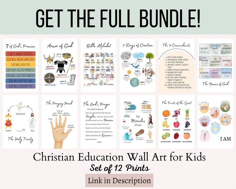 A set of 12 Christian education wall art prints for kids. The prints are colorful and feature illustrations of various Christian themes, including the 7 days of creation, the 10 commandments, the armor of God, the holy trinity, the miracles of Jesus, the fruits of the spirit, the names of God, the praying hand, the Lord's prayer, and the Bible alphabet. The prints are designed to be educational and engaging for children.