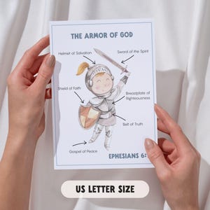 A watercolor illustration titled "The Armor of God" with a cartoon knight. The image includes labels for the helmet, shield, sword, breastplate, and belt. The text "Ephesians 6:" and "US LETTER SIZE" are also present.