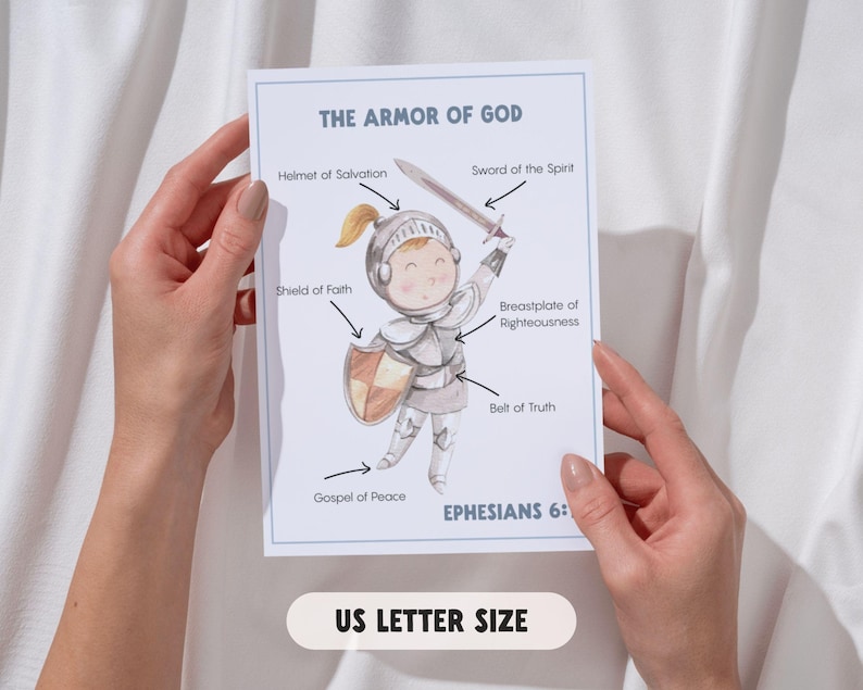 A watercolor illustration titled "The Armor of God" with a cartoon knight. The image includes labels for the helmet, shield, sword, breastplate, and belt. The text "Ephesians 6:" and "US LETTER SIZE" are also present.