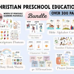 Christian Bible printables set for preschoolers including alphabet cards, number cards, and scripture learning posters.