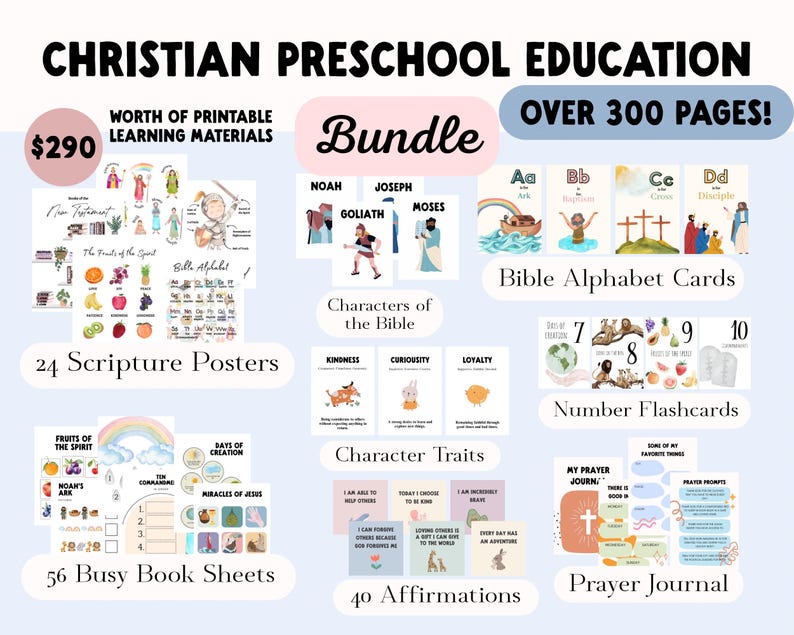 Christian Bible printables set for preschoolers including alphabet cards, number cards, and scripture learning posters.