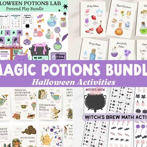 May include: A Halloween Potions Lab pretend play bundle featuring printable activity sheets, potion recipe cards with watercolor illustrations, a Potion Shop sign, and a Witch's Brew math activity sheet with counting tasks and candy graphics.