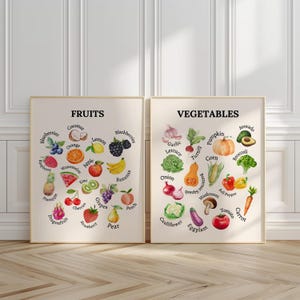 Láminas educativas de frutas y verduras / Tablas de alimentos para niños / Pósters Montessori / Juego de simulación de mercado agrícola / Educación nutricional para niños