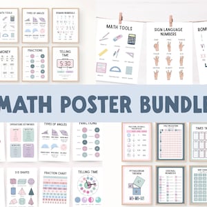 Elementary Math Classroom Poster Bundle | 50+ Printable Education Anchor Charts: Fractions, Counting, Geometry, Place Value, Telling Time