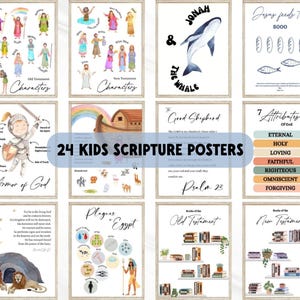 Christian preschool Bible bundle with 24 colorful scripture posters, printable kids wall art for early learning.