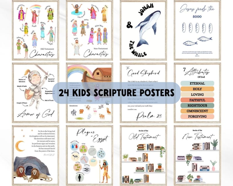 Christian preschool Bible bundle with 24 colorful scripture posters, printable kids wall art for early learning.