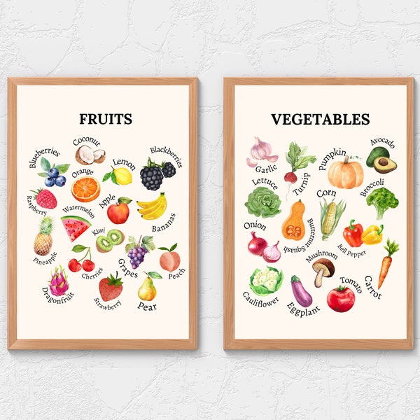 Fruits and Vegetables Educational Prints | Kids Food Charts | Montessori Posters | Farmers Market Pretend Play | Kids Nutrition Education