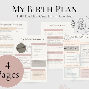My Birth Plan Template | Printable Birth Preferences Checklist | Canva Template for Doulas, Midwives, Expecting Moms | Natural Birthing Plan