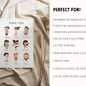 A white framed print titled "TODAY I FEEL" with cartoon illustrations of children expressing emotions like happy, sad, and angry. The print also lists activities such as morning workbook time and scripture memorization.