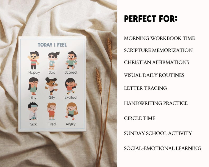 A white framed print titled "TODAY I FEEL" with cartoon illustrations of children expressing emotions like happy, sad, and angry. The print also lists activities such as morning workbook time and scripture memorization.