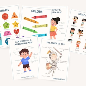 Educational posters for children featuring shapes, colors, and emotions. The posters include illustrations of shapes, crayons, and children expressing feelings. One poster illustrates the Armor of God. The text includes "Shapes", "Colors", and "Today I Feel".