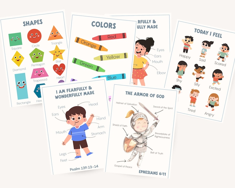 Educational posters for children featuring shapes, colors, and emotions. The posters include illustrations of shapes, crayons, and children expressing feelings. One poster illustrates the Armor of God. The text includes "Shapes", "Colors", and "Today I Feel".