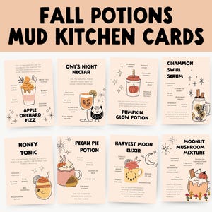 Karty z przepisami na jesienne mikstury w błocie | Wydruki do zabawy w jesienne wróżki dla dzieci | Zestaw eliksirów do zabawy w jesienne udawanie | Zabawa sensoryczna w naturę jesieni
