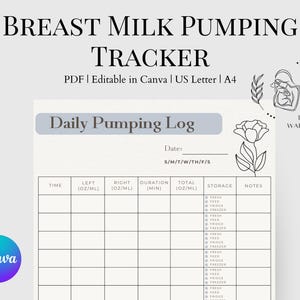 Moedermelklogboek voor baby's voor afkolven, bewaren en borstvoeding | Schema afkolfschema | Moedermelkdonatietracker | Bewerkbare sjablooncanva
