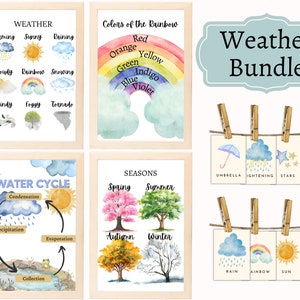 Forfait météo | Cartes météo Montessori | Posters éducatifs météorologiques | Décoration d'école à la maison | Cartes météo préscolaires | Cycle de l'eau pour enfants