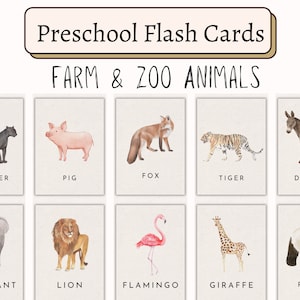 Flashcards de Animais de Zoológico e Fazenda | Cartões Montessori de Animais de Fazenda | Estudo de Unidade de Zoológico | Unidade de Animais Africanos | Educação Domiciliar Pré-escolar Pré-escolar