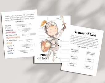 May include: A printable worksheet for kids to learn about the Armor of God. The worksheet features a cartoon illustration of a knight wearing armor and holding a sword. The worksheet includes a list of the different pieces of armor and their corresponding biblical references. The text "Armor of God" is written in large letters at the top of the worksheet.