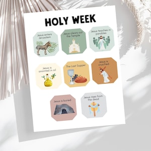 May include: A white print titled "HOLY WEEK" with illustrations depicting scenes from the Bible. The images include Jesus entering Jerusalem, clearing the Temple, teaching parables, being anointed, the Last Supper, crucifixion, burial, and resurrection.