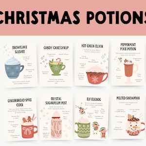 May include: A festive illustration featuring eight Christmas potion recipes. Each recipe is displayed on a card with a colorful illustration of the drink and its ingredients, including Snowflake Slushee, Candy Cane Syrup, and Hot Cocoa Elixir.