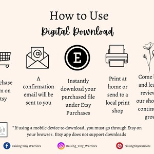 Directions for how to use a digital download. 1. Purchase on Etsy 2. Receive confirmation email 3. Instantly download your files under Etsy Purchases 4. Print your file at home or local print shop 5. Come back to leave a review for the shop!