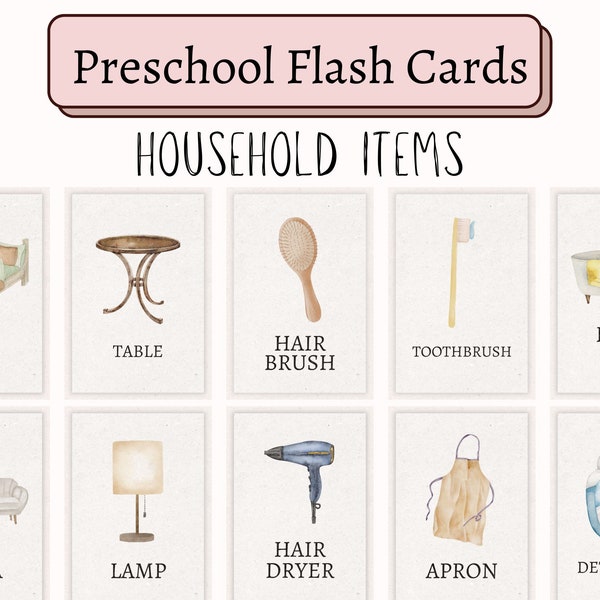 34 Household Items Toddler Flashcards | Montessori Flashcards | Learning Materials for Preschool | Toddler Homeschool | Memory Game