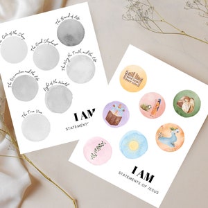 Puede incluir: Dos hojas de trabajo imprimibles con ilustraciones de acuarela de las declaraciones «Yo soy» de Jesús. La primera hoja de trabajo tiene siete círculos en blanco con las declaraciones «Yo soy» escritas alrededor. La segunda hoja de trabajo tiene nueve círculos con ilustraciones de acuarela de las declaraciones «Yo soy».