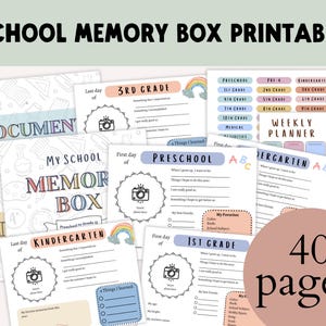 Pode incluir: Páginas imprimíveis para uma caixa de memórias escolares com um design de arco-íris. As páginas incluem prompts para que os alunos reflitam sobre o seu ano escolar, como suas memórias favoritas, as coisas que aprenderam e seus objetivos para o futuro. As páginas são projetadas para pré-escola até a 3ª série. Há 40 páginas no total.