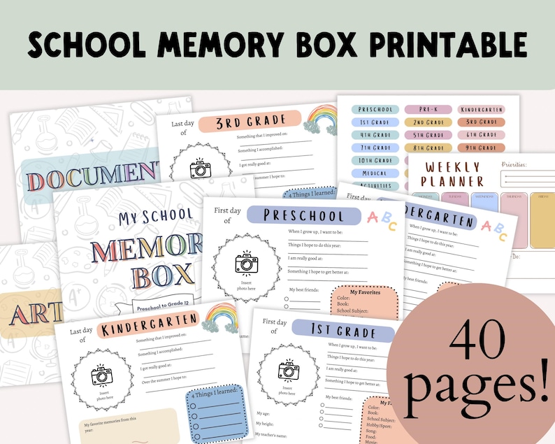 School Memory Box Printable First and Last Day of School Pages First Day of School Journal Kids ...