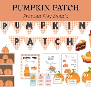 Peut inclure: Un ensemble de jeu de rôle Pumpkin Patch comprenant une guirlande à carreaux orange et blanc épelant PUMPKIN PATCH, des caisses en bois avec des citrouilles orange, des panneaux indiquant PUMPKIN PATCH this way, FARM FRESH Pumpkins et Price List.