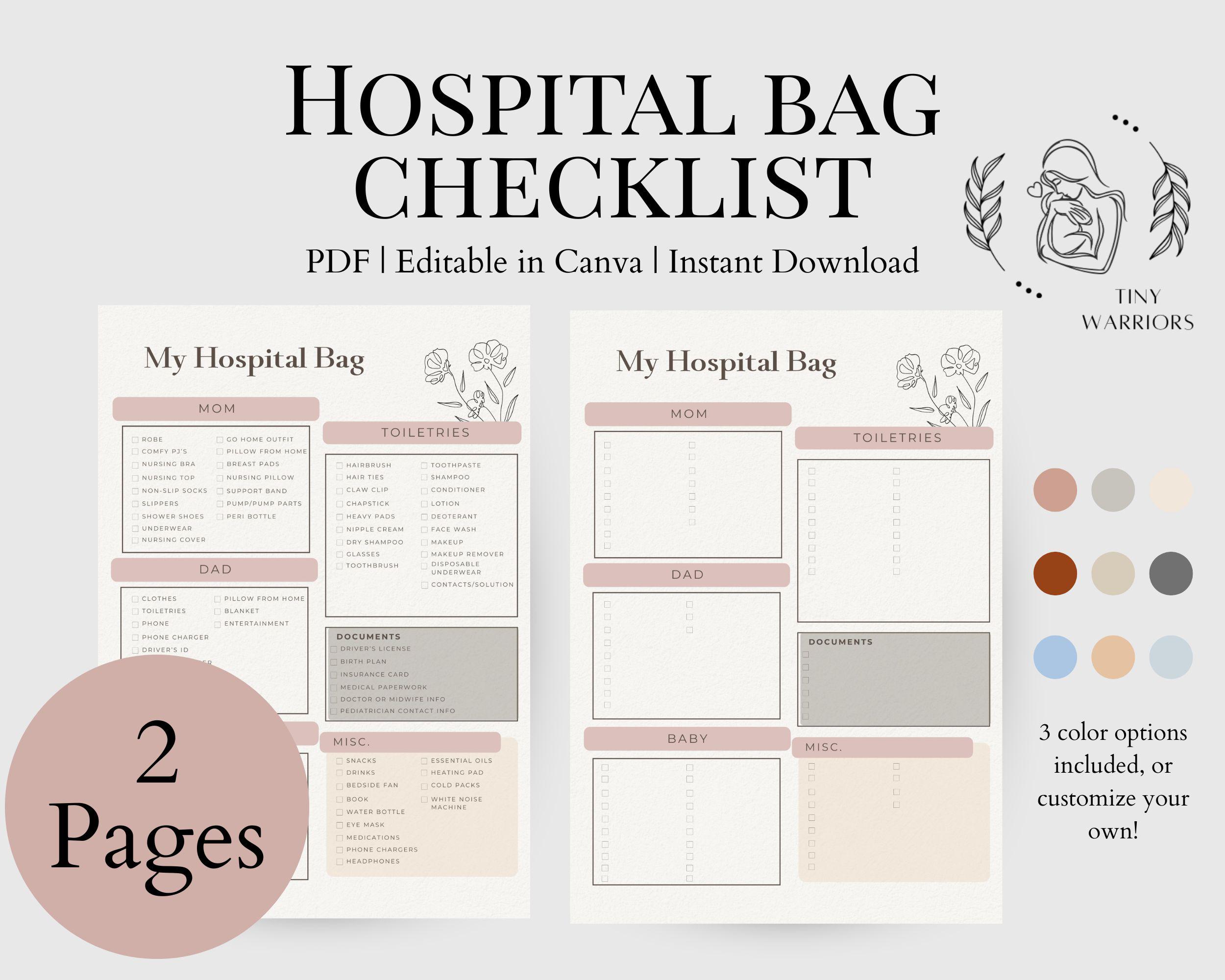 Meine Krankenhaus-Tasche Checklist | Druckbare Vorlage für Krankenhaus | Baby Krankenhaus Packliste | Schwangerschaftstasche | Geburtsplan | Arbeit und Lieferung