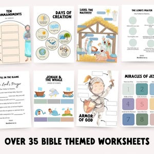 Homeschool Christian preschool Bible bundle with colorful posters and worksheets for faith-based early learning.
