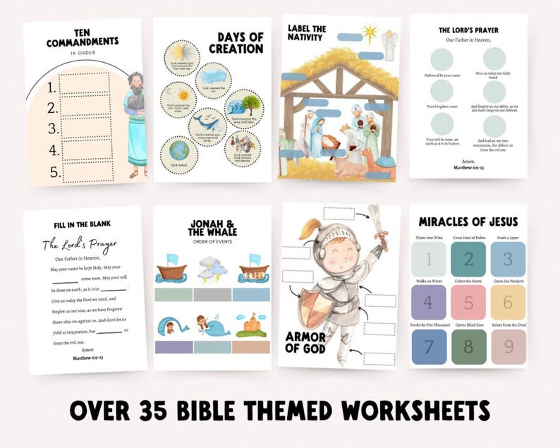 Homeschool Christian preschool Bible bundle with colorful posters and worksheets for faith-based early learning.
