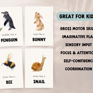 Four white cards with watercolor illustrations of a penguin, bunny, bee, and snail. Each card has text that says 'waddle like a penguin', 'hop like a bunny', 'buzz like a bee', and 'slide like a snail'. The cards are displayed against a light brown background with the text 'GREAT FOR KIDS:' and a list of benefits for children, including 'GROSS MOTOR SKILLS', 'IMAGINATIVE PLAY', 'SENSORY INPUT', 'FOCUS & ATTENTION', 'SELF-CONFIDENCE', and 'COORDINATION'.