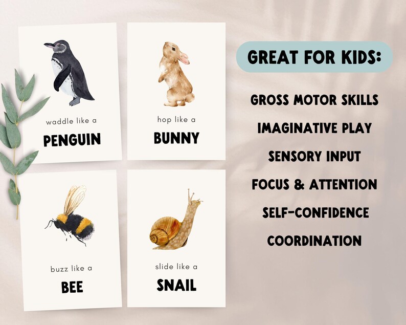 Four white cards with watercolor illustrations of a penguin, bunny, bee, and snail. Each card has text that says 'waddle like a penguin', 'hop like a bunny', 'buzz like a bee', and 'slide like a snail'. The cards are displayed against a light brown background with the text 'GREAT FOR KIDS:' and a list of benefits for children, including 'GROSS MOTOR SKILLS', 'IMAGINATIVE PLAY', 'SENSORY INPUT', 'FOCUS & ATTENTION', 'SELF-CONFIDENCE', and 'COORDINATION'.