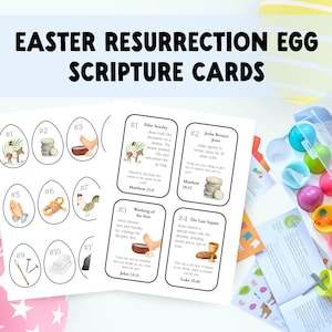 May include: White cards with Easter Resurrection Egg Scripture text and illustrations. The cards are in the shape of eggs and feature Bible verses. The text "EASTER RESURRECTION EGG SCRIPTURE CARDS" is at the top. A container of colorful plastic eggs is on the right.