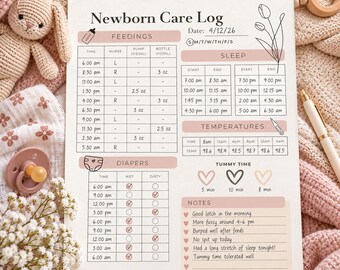 May include: A white Newborn Care Log sheet with black text and soft pink accents. The document features sections for feedings, sleep, temperatures, diapers, tummy time, and notes, with pre-filled data including dates and times.