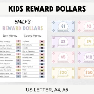 May include: A colorful printable reward system for kids, featuring "KIDS REWARD DOLLARS" at the top. The design includes a list of chores and rewards, plus printable play money in denominations from $1 to $50.