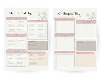 Meine Krankenhaus-Tasche Checklist | Druckbare Vorlage für Krankenhaus | Baby Krankenhaus Packliste | Schwangerschaftstasche | Geburtsplan | Arbeit und Lieferung