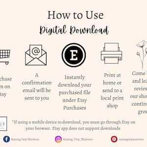 Directions for how to use a digital download. 1. Purchase on Etsy 2. Receive confirmation email 3. Instantly download your files under Etsy Purchases 4. Print your file at home or local print shop 5. Come back to leave a review for the shop!