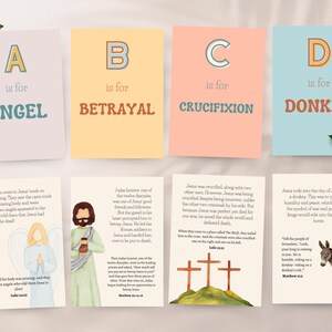 Oster ABC Schriftkarten druckbar | Christlicher Osterkorbfüller | Ostergeschichten-Alphabet | Bibelverskarten für Kinder | Karwoche