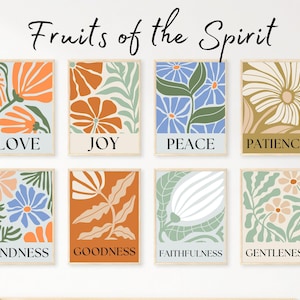 Eight minimalist floral prints featuring Fruits of the Spirit: Love, Joy, Peace, Patience, Kindness, Goodness, Faithfulness, Gentleness. Each print showcases a unique floral design in muted orange, blue, and green hues on a light background.  The words are in a simple, sans-serif font.