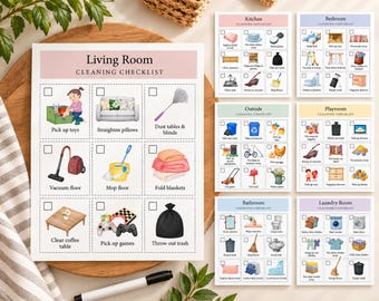 May include: A set of printable cleaning checklists for various rooms including the living room, kitchen, bedroom, outside, playroom, bathroom, and laundry room. Each checklist features illustrated tasks with checkboxes for tracking household chores.