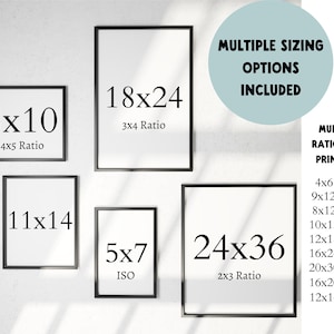 A slide showing the multiple sizes available for wall art prints through this Etsy purchase. The following ratios are each included: 4:5, 11x14, ISO, 2:3, and 3:4. These allow for over 20 different desired sizes.