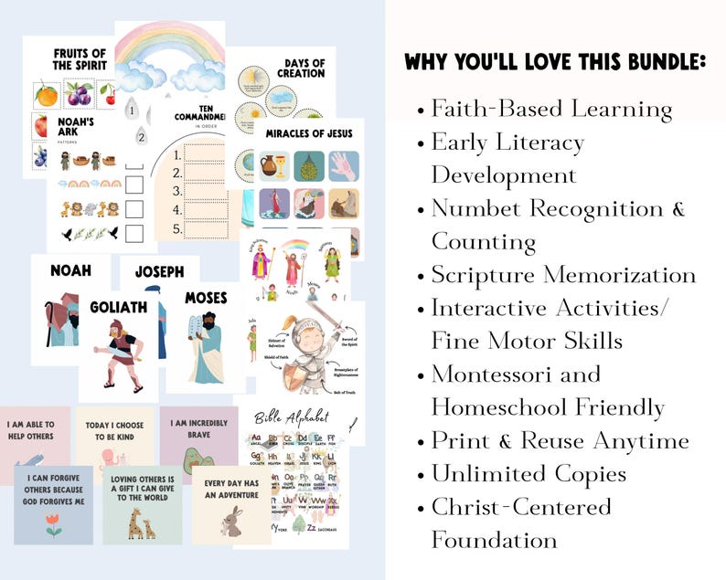 Christian preschool classroom wall art bundle with scripture posters, affirmations, and Bible story visuals.