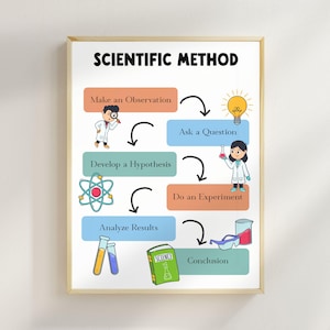May include: A framed poster titled "SCIENTIFIC METHOD" with a light wood frame. The poster illustrates the scientific method with colourful boxes, arrows, and cartoon scientists. The steps include "Make an Observation," "Ask a Question," and "Conclusion."