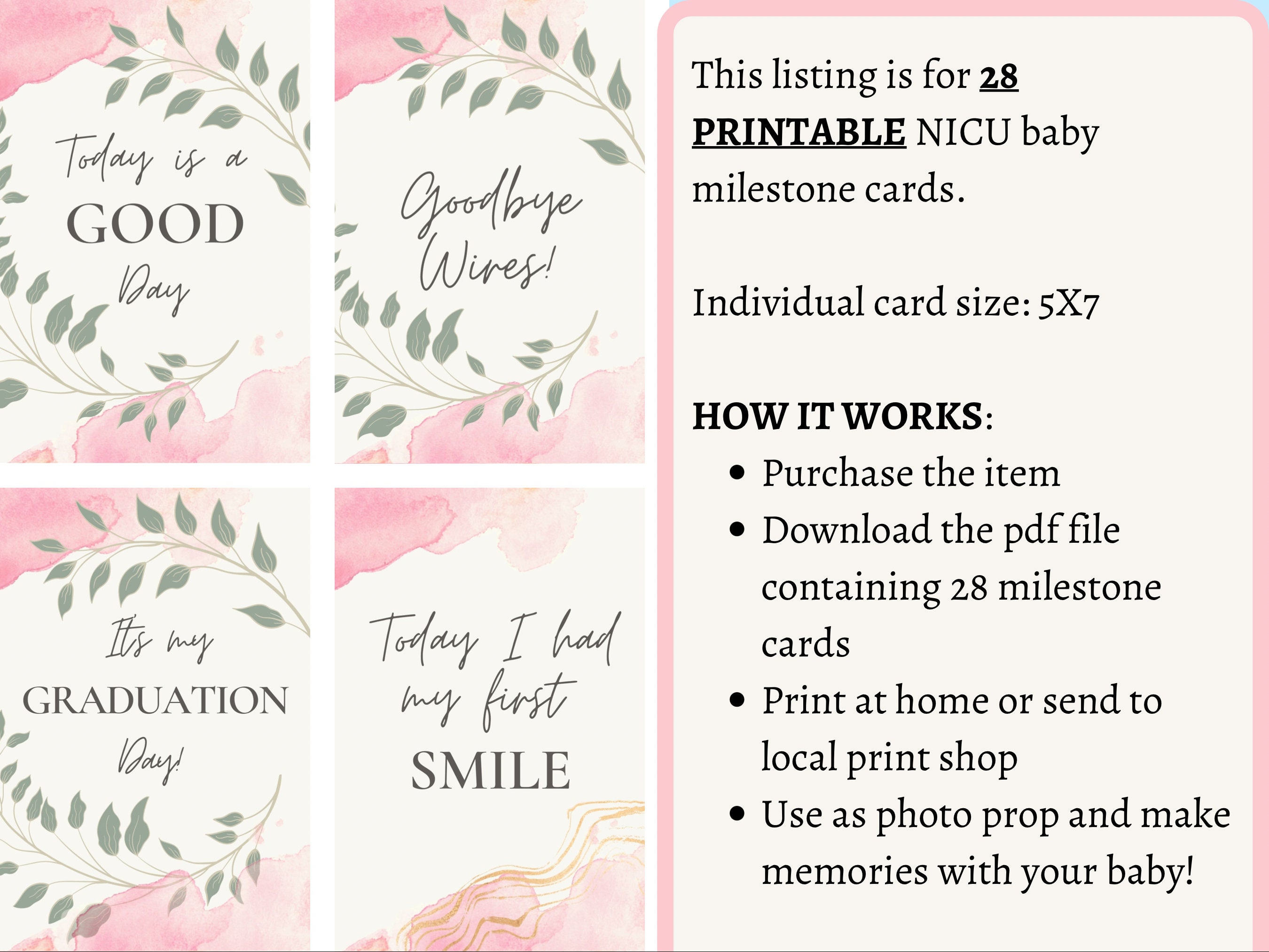 Preemie Girl NICU Milestone Cards | Pink & Gold Keepsake for New Moms ...