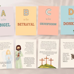 Cartões de histórias de Páscoa ABC para a Semana Santa | Preenchimento de cesta de Páscoa cristã | Cartões de alfabeto | Cartões de versículos bíblicos de Páscoa | Contagem regressiva para a Semana Santa