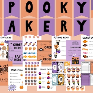 May include: A collection of Halloween-themed bakery signs and menus. The banner reads "Spooky Bakery" in black letters on orange and purple backgrounds. Menus include "Frosted Cookies," "Potions," and "Candy." There are also order forms and cupcake flavors.