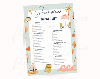 Summer Kids Bucket List | Druckbare Checkliste für Sommeraktivitäten | Sommer To Do Liste | Bucket List Familienplaner | Arbeitsblatt zur Sommerpause