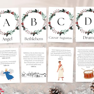 Cartes ABC de l'alphabet de Noël | Avent biblique de Noël pour les enfants | Cartes d'histoires de Noël | Crèche de Noël | Calendrier de l'Avent imprimable pour enfants